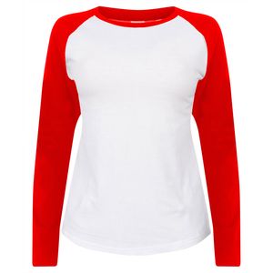 SF Women SK271 - T-shirt da baseball a maniche lunghe da donna Bianco / Rosso